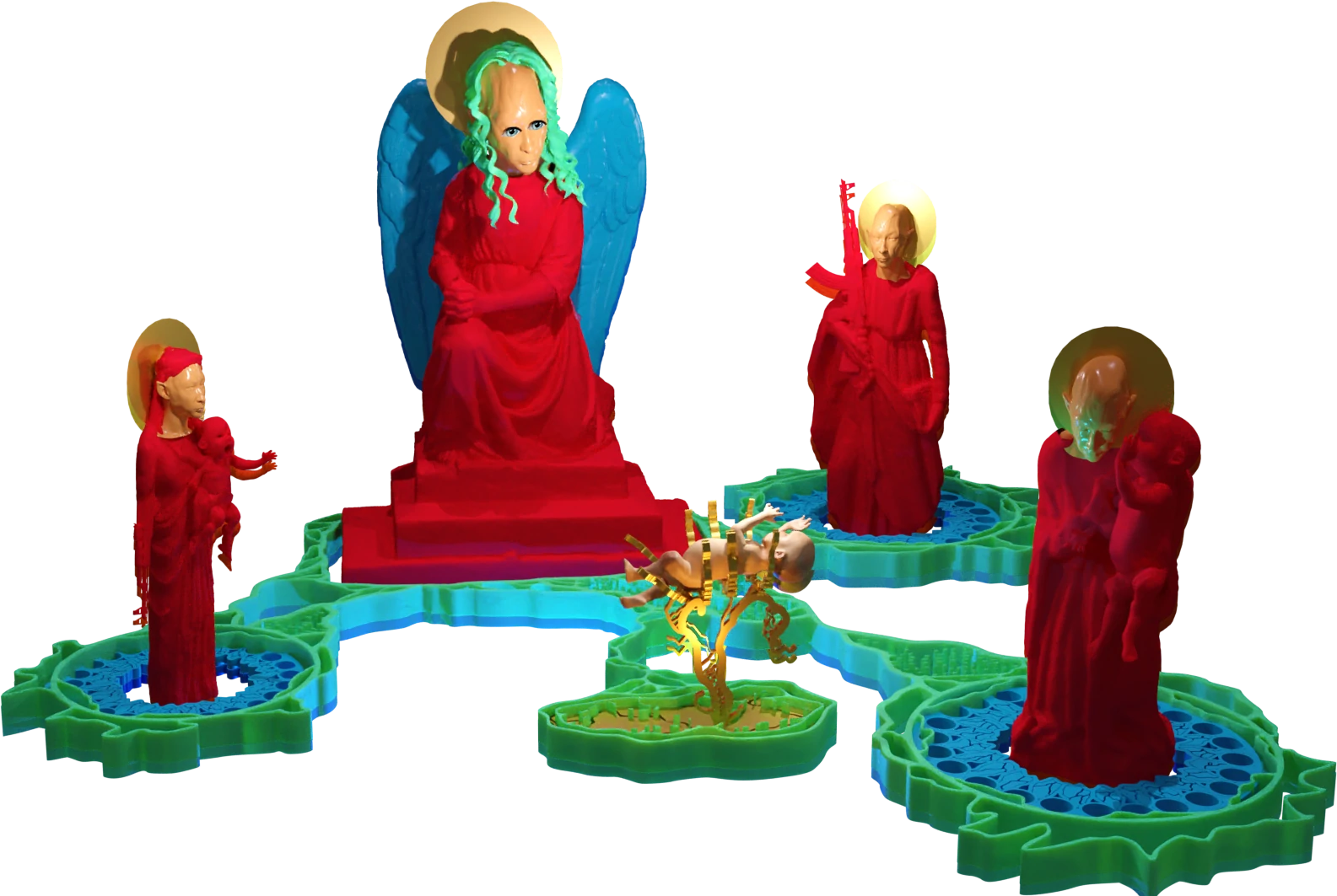 a nativity scene of figures in red robes and with golden disc halos. at the center is a baby in a golden branch like manger.