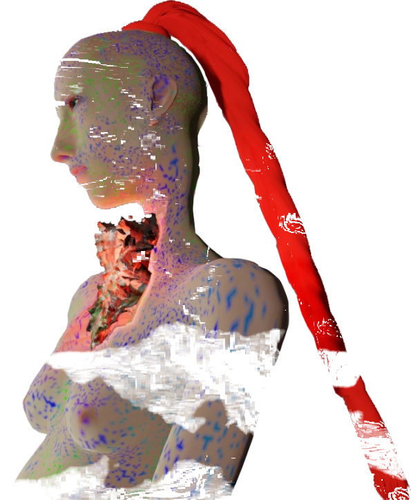 the torso of a woman with blue and green spots on her white skin and a red braid depicted from a side angle. in a cavity in her chest is a shell.