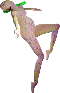 a naked woman with blue and green spots on her white skin and a long neon green braid dances with her head thrown back.