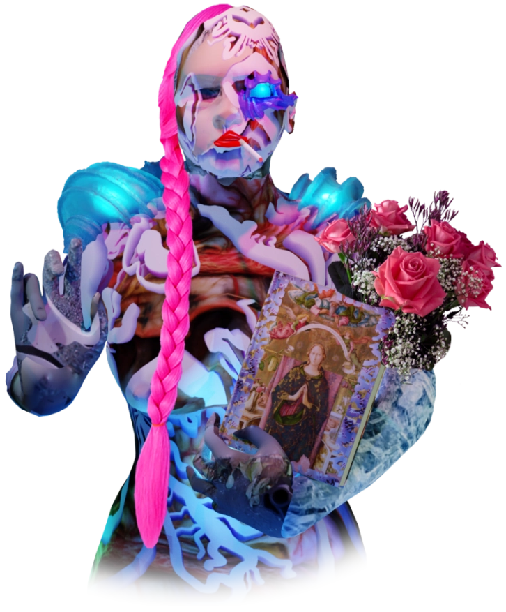 the torso of a woman with a crystal eye, a long pink braid, roses and a picture of the madonna on her arm. a cigarette hangs from her red painted lips.